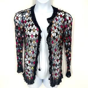 Vintage Open Crochet Rhinestone Ruffle Tie Front Collared Open Cardigan